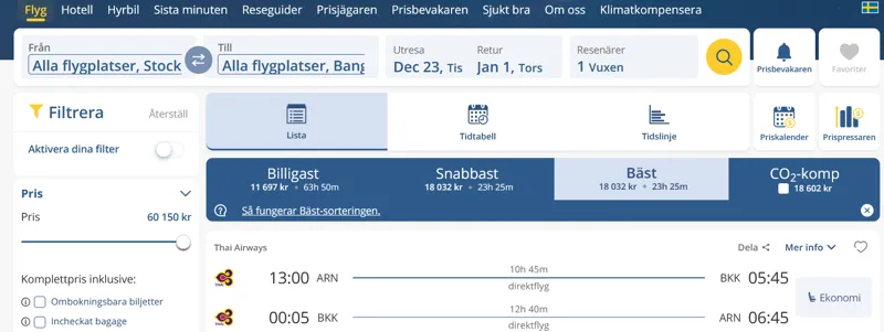 Priser på resor till och från Thailand över jul