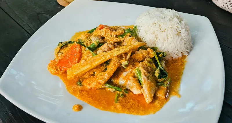 Tallrik med thailändsk curry med ris, grönsaker och kyckling, serverad som enkel och prisvärd mat under en budgetresa i Thailand.