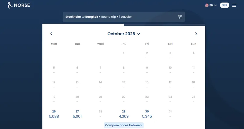 Skärmbild från Norse där en flygsökning för Stockholm till Bangkok visar kalenderpriser för oktober 2026, med flera datum i slutet av månaden markerade med priser i svenska kronor.