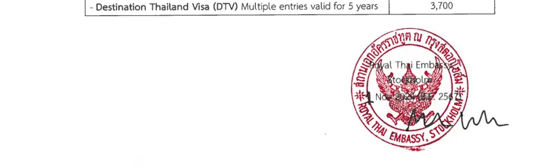 Rad ur avgiftslistan från Royal Thai Embassy Stockholm som visar 3 700 kronor för DTV