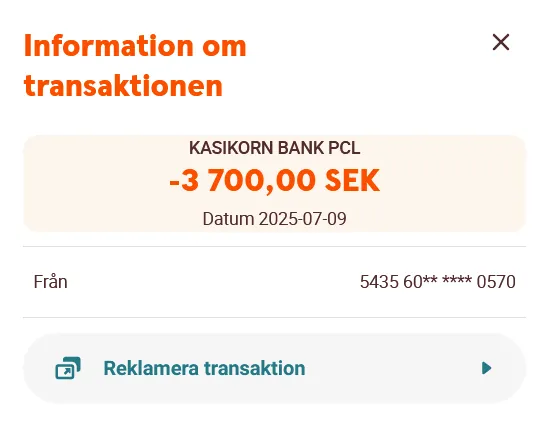 Transaktionsdetalj som visar DTV-avgiften på 3 700 kronor dragen av Kasikorn Bank den 9 juli 2025