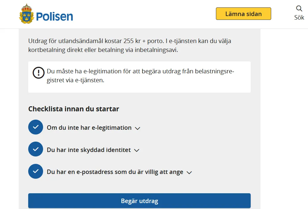 Polismyndighetens e-tjänst för utdrag ur belastningsregistret för utlandsändamål