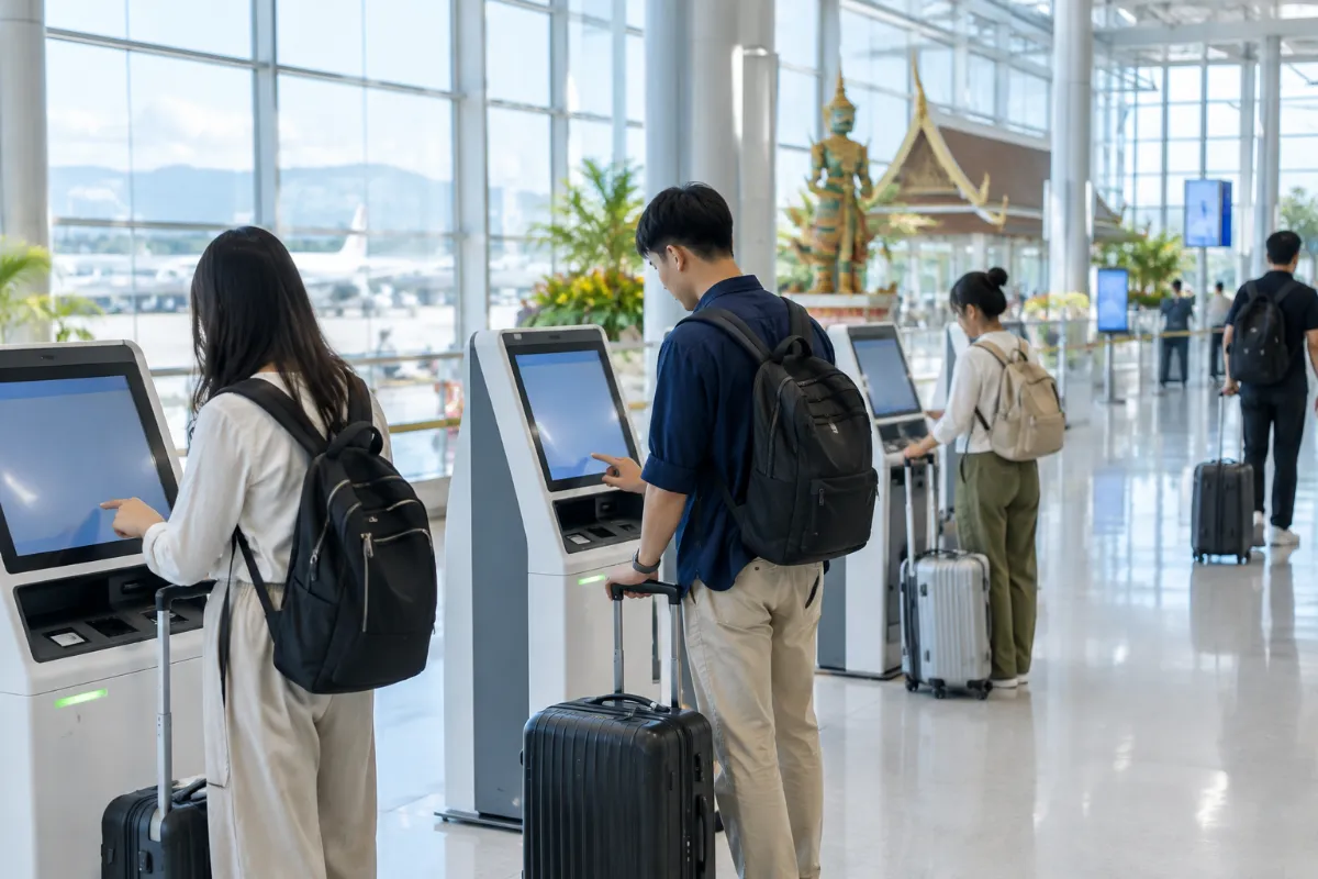Resenärer med resväskor vid självbetjäningsautomater i en ljus ankomsthall på en flygplats i Thailand