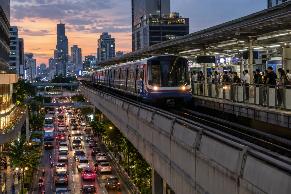 BTS Skytrain passerar över en gata i Bangkok i skymningen