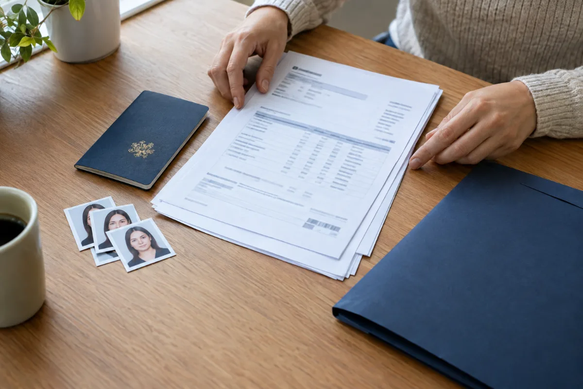 Pass, passfoton och kontoutdrag som förbereds inför en DTV-ansökan