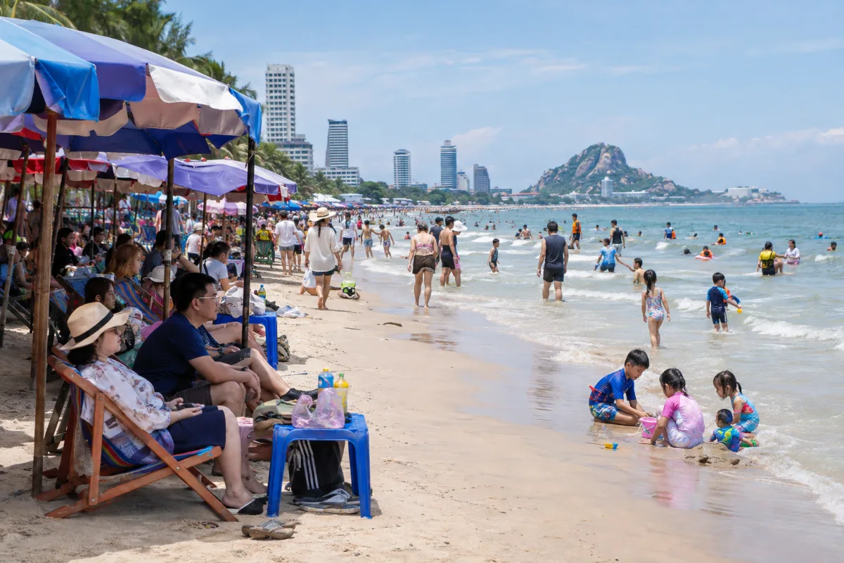 Thailändska familjer på stranden i Hua Hin under en långhelg