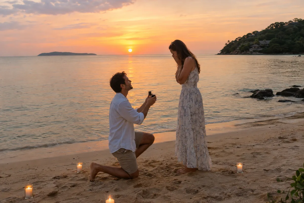 Frieri på stranden på Koh Samui vid solnedgången