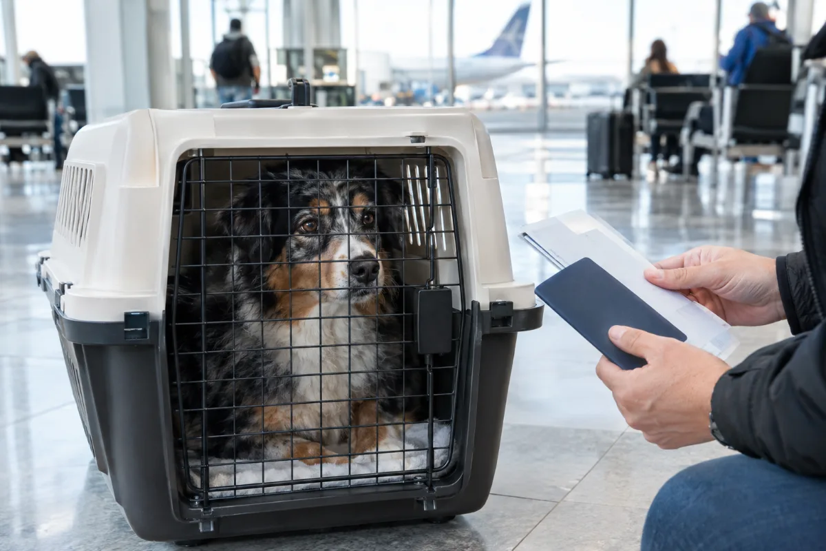 Hund i transportbur på en flygplats inför en resa till Thailand