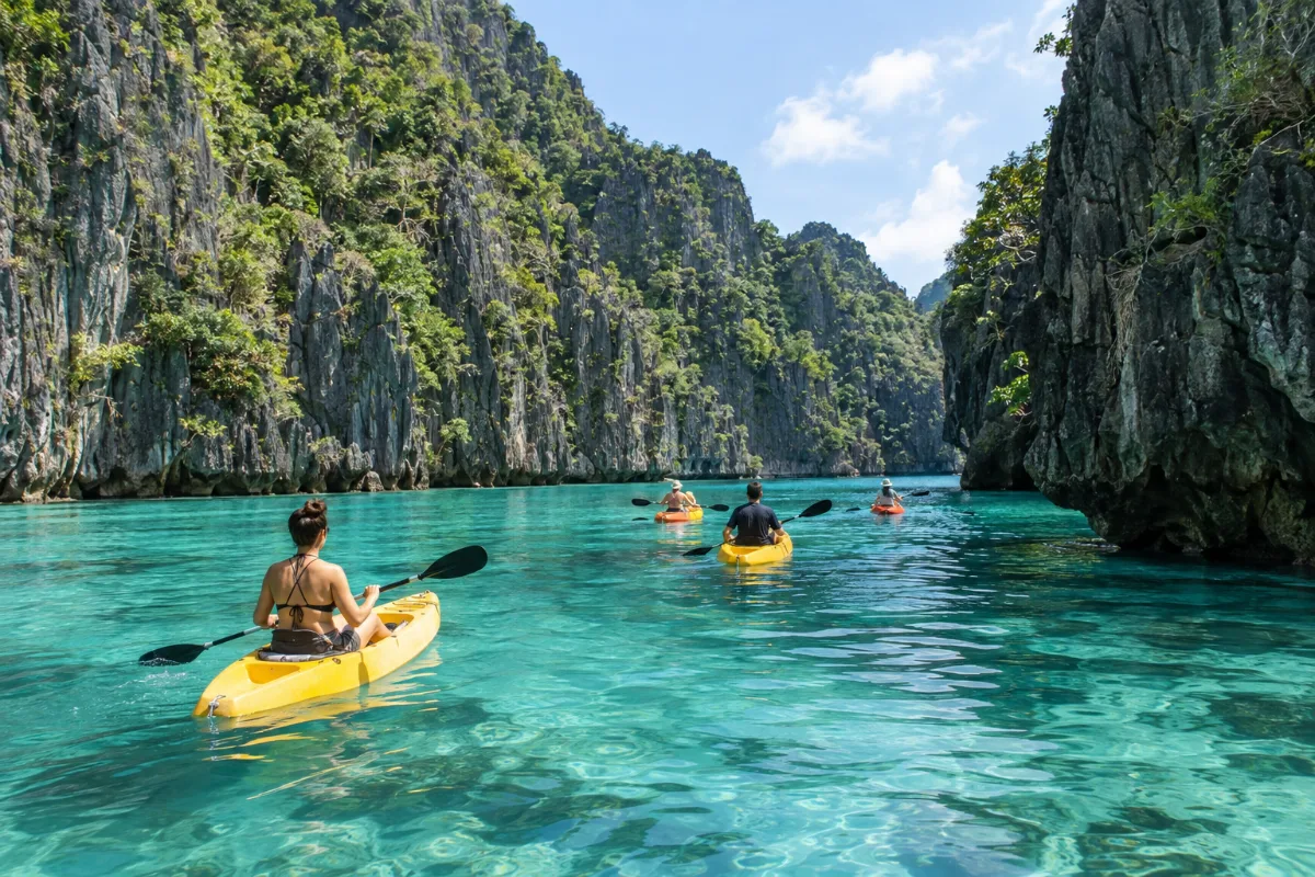 Kajakpaddlare i en lagun med kalkstensklippor i El Nido på Palawan