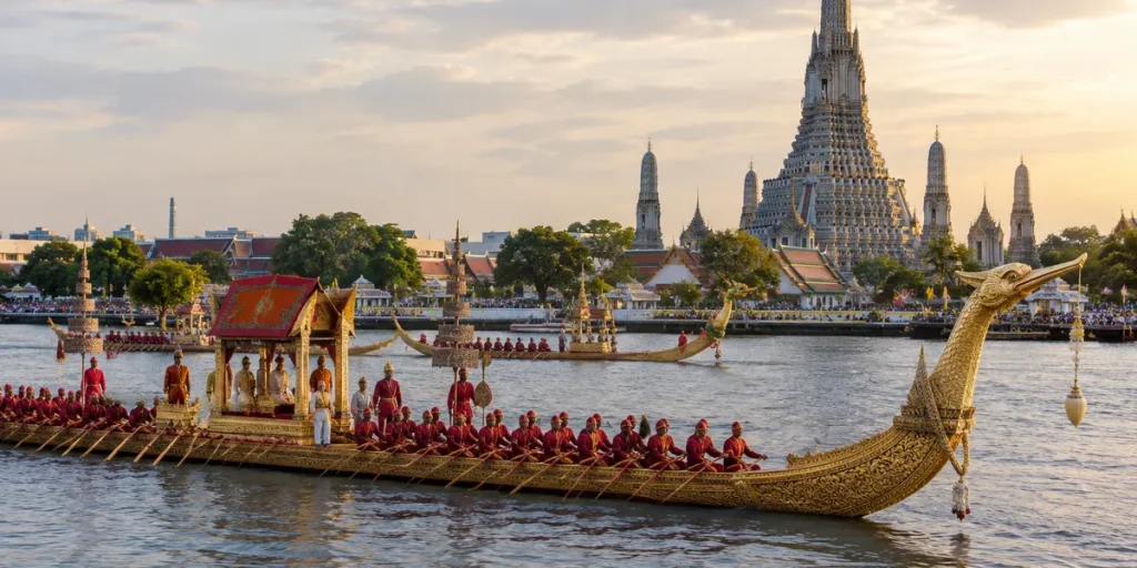 Förgyllda kungliga båtar med roddare i röda dräkter på floden Chao Phraya framför Wat Arun