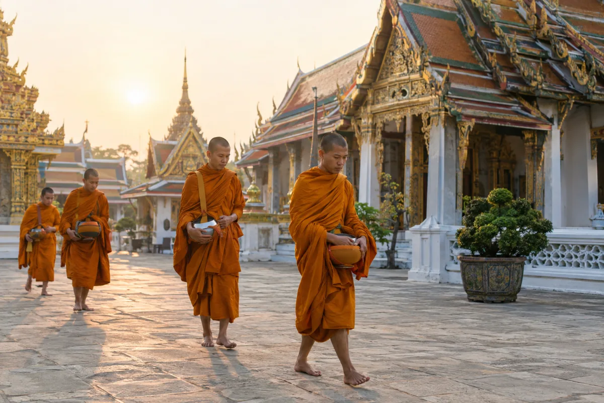 Munkar i orange kåpor på en tempelgård i Thailand
