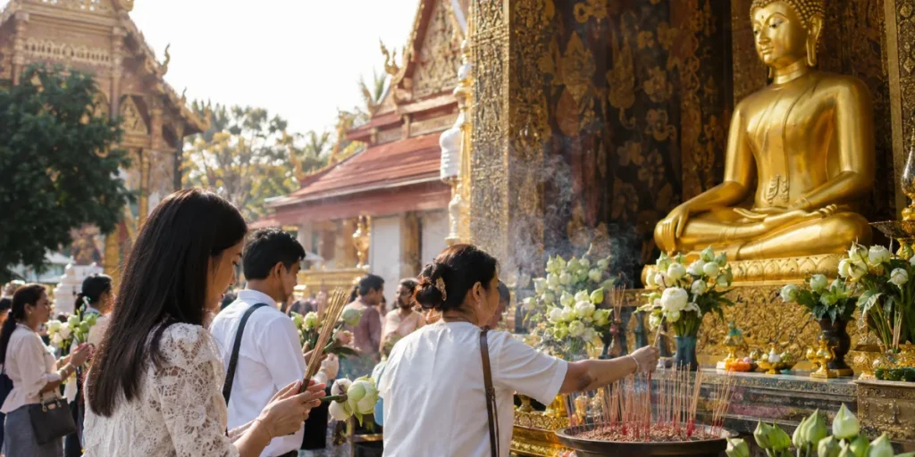 Thailändare som offrar blommor vid ett tempel under en helgdag