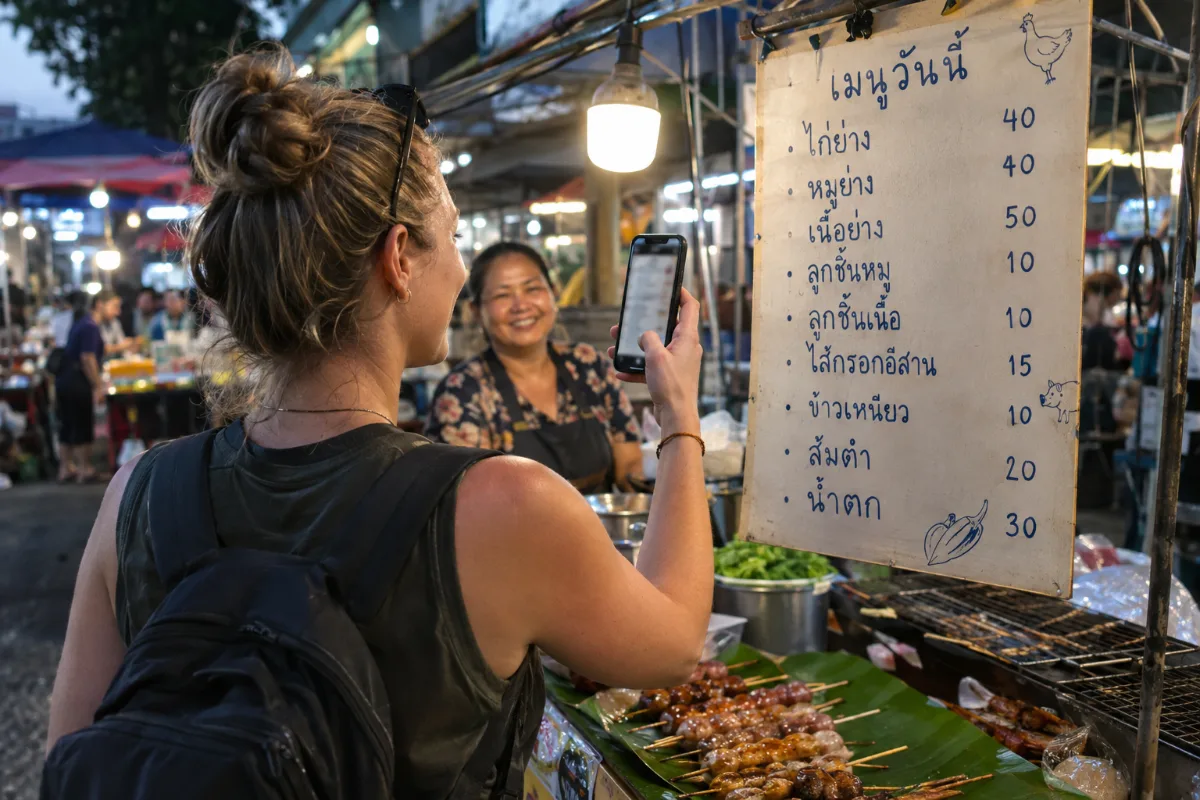 Resenär som översätter en thailändsk meny med mobilkameran vid ett gatukök