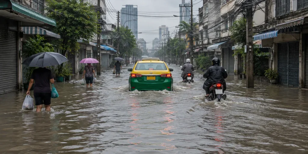 Översvämmad gata i Bangkok där en taxi och två motorcyklar kör genom knädjupt vatten medan fotgängare med paraplyer vadar längs husen