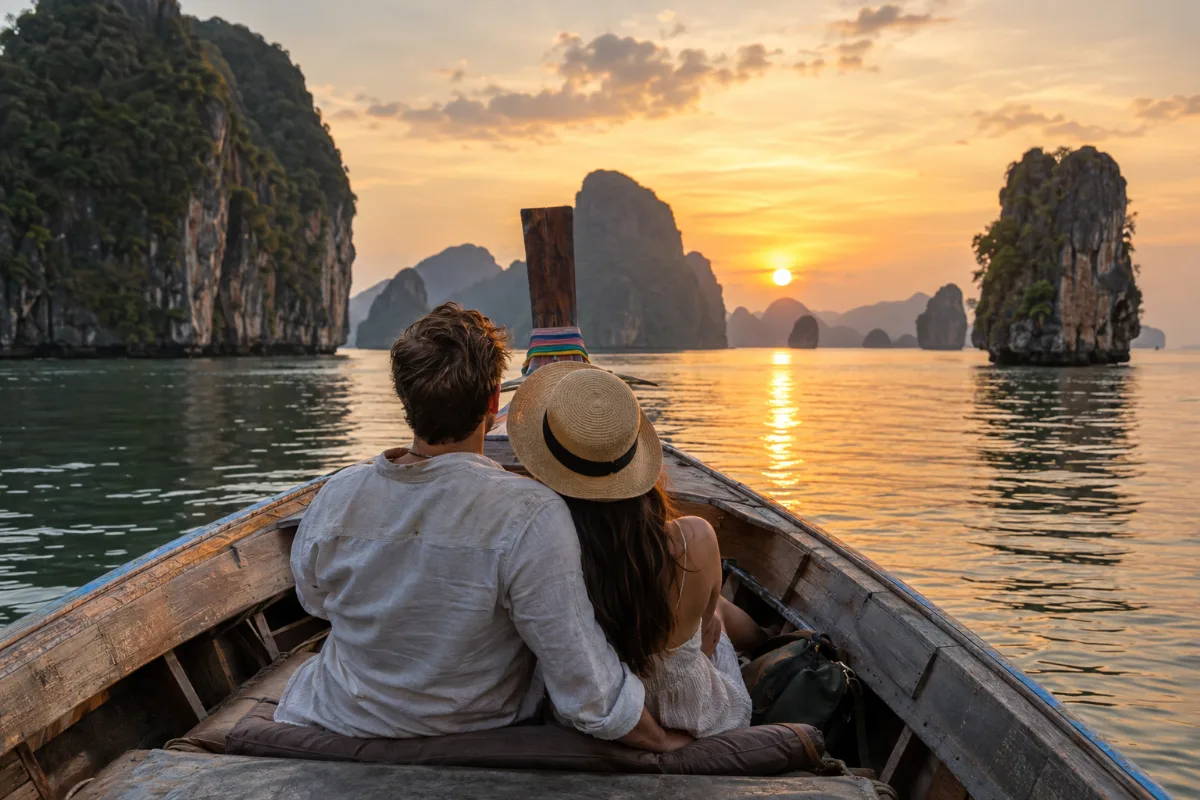 Par på en privat longtailbåt bland kalkstensöarna i Phang Nga-bukten vid solnedgången