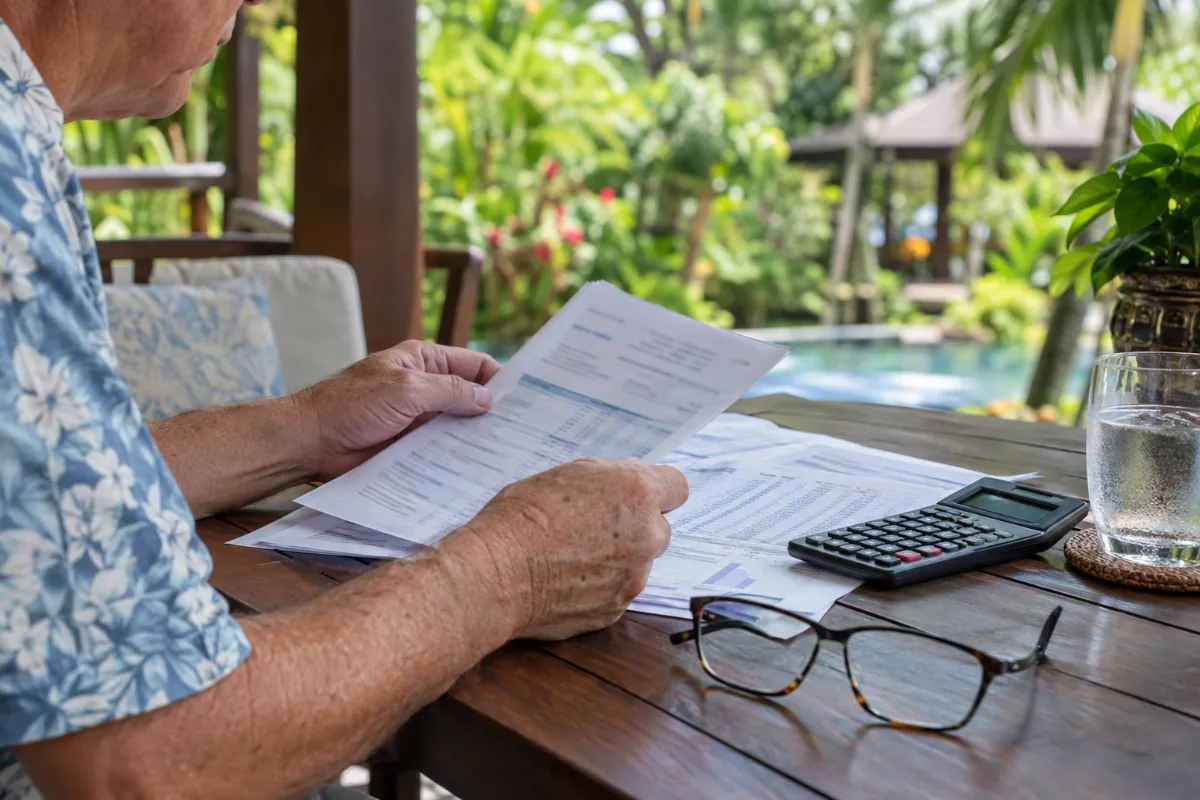 Pensionär som går igenom pensionsbesked och skattepapper vid ett bord i Thailand