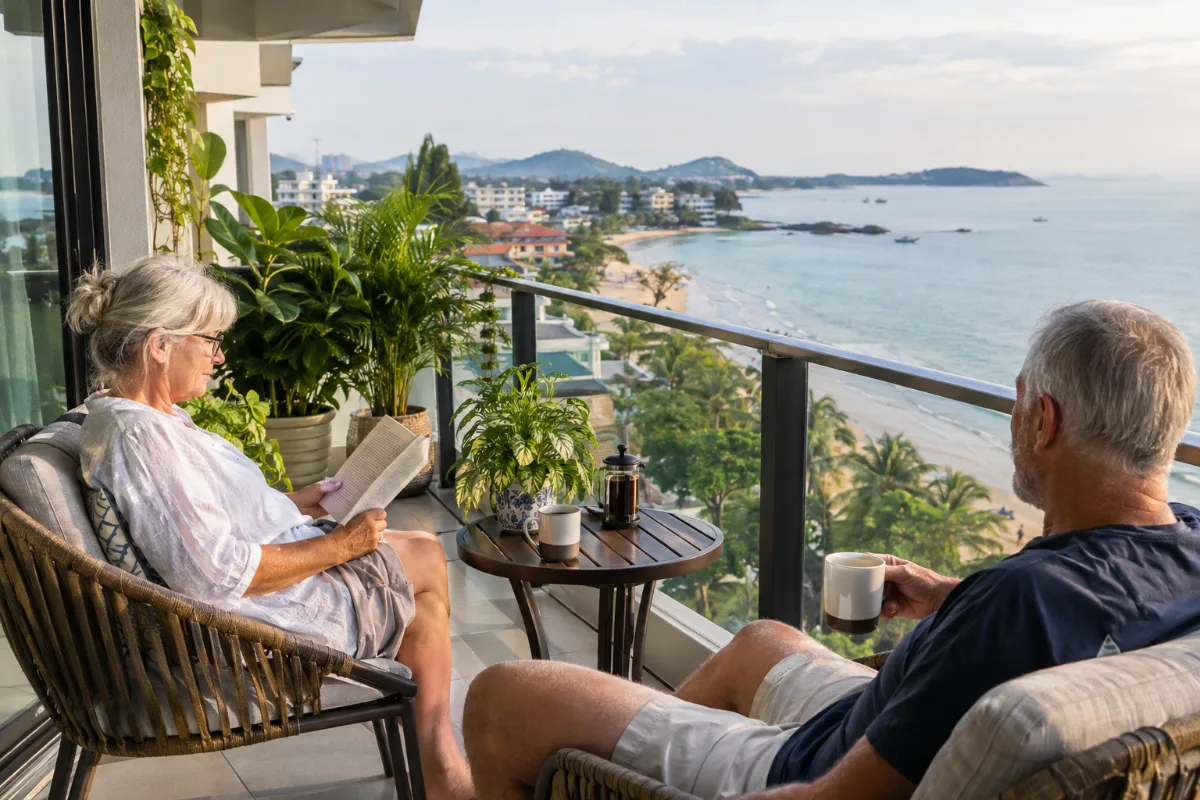 Pensionär som läser på balkongen till en hyrd lägenhet vid kusten i Thailand