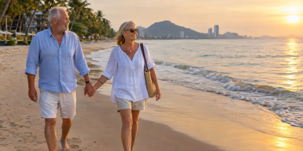 Pensionerat par som promenerar längs stranden i Hua Hin