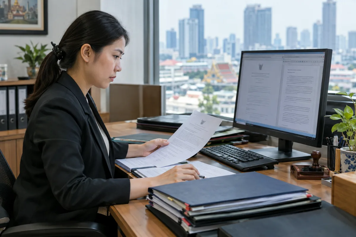 Professionell översättare som arbetar med ett officiellt dokument på ett kontor i Bangkok