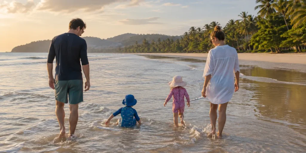 Barnfamilj som leker i det grunda vattnet på en bred sandstrand i Khao Lak