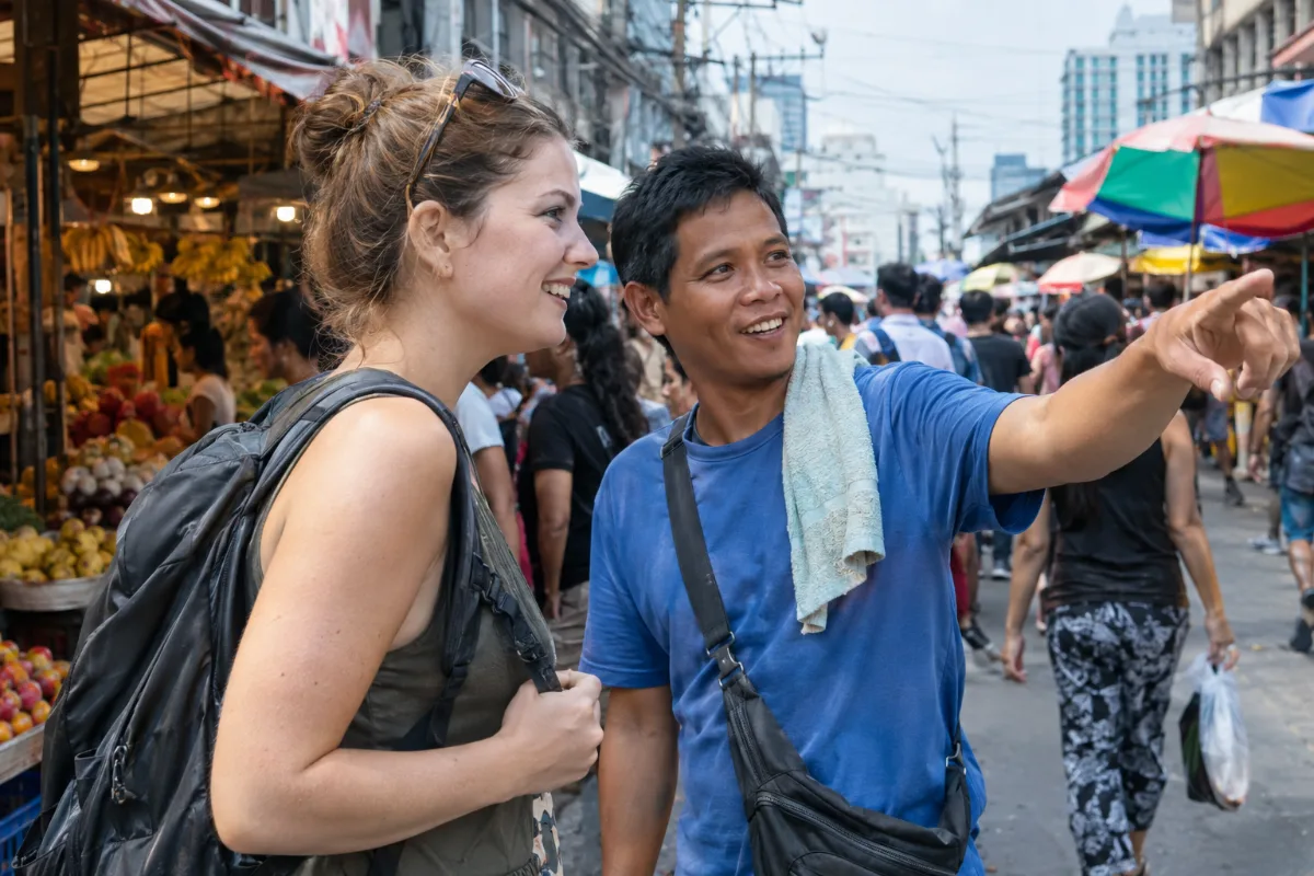 Turist som frågar en försäljare om vägen på en marknad i Manila