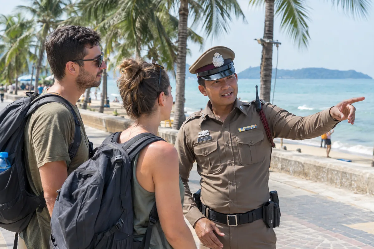 Turistpolis som hjälper resenärer längs en strandpromenad i Thailand