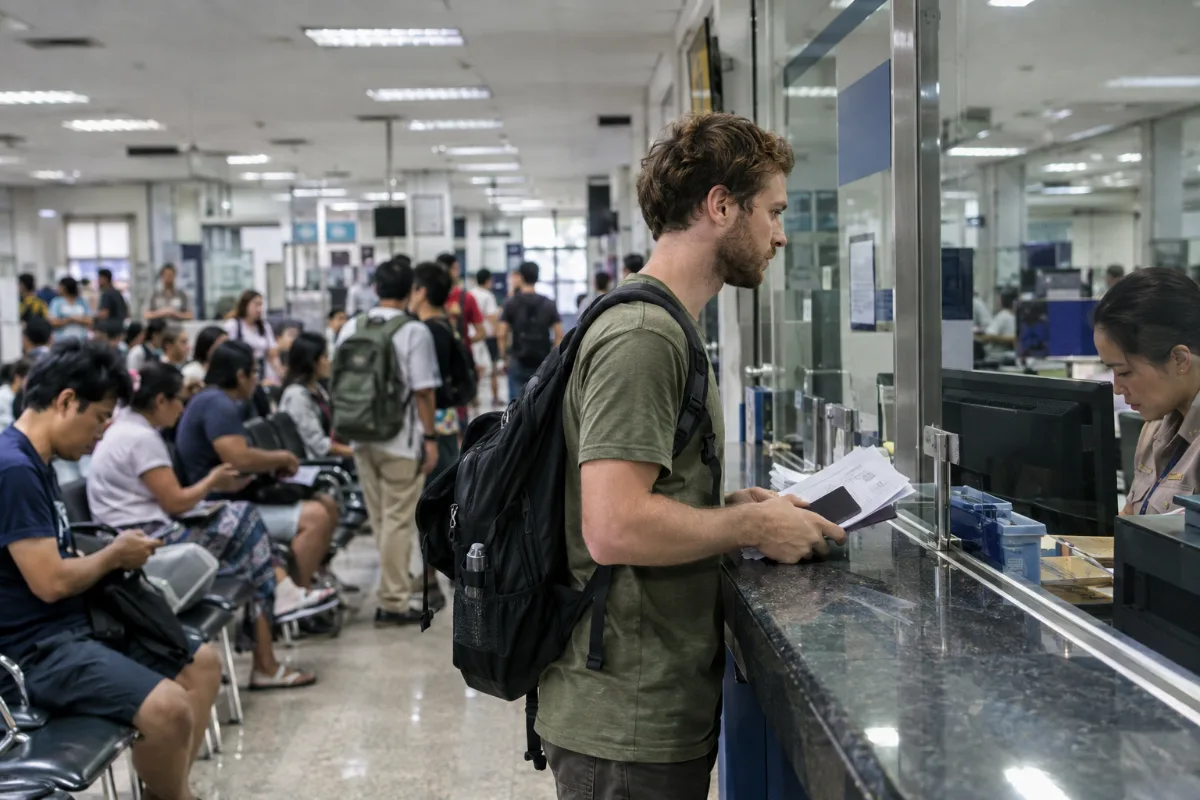Utlänning som väntar vid en disk på ett immigrationskontor i Thailand