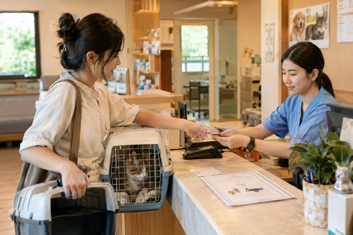 Djurägare som betalar hos en veterinär med en kattbur på disken