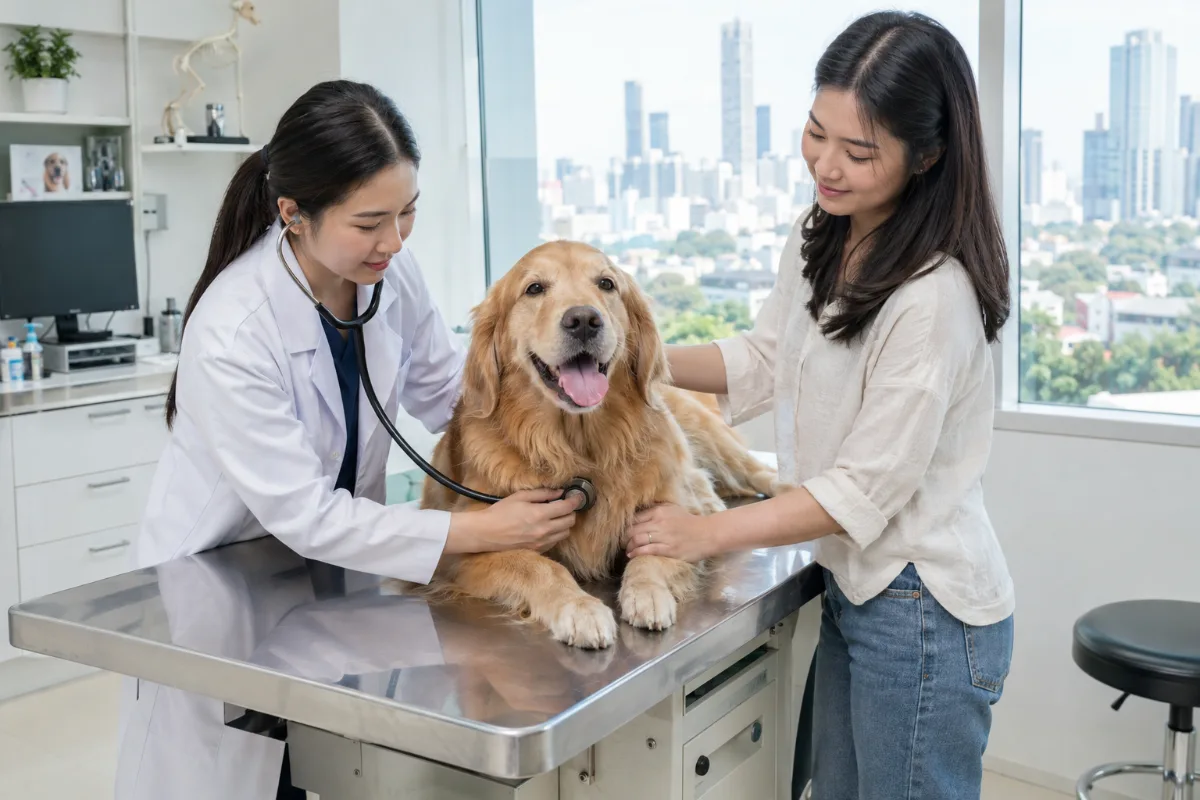 Veterinär i Bangkok som undersöker en hund