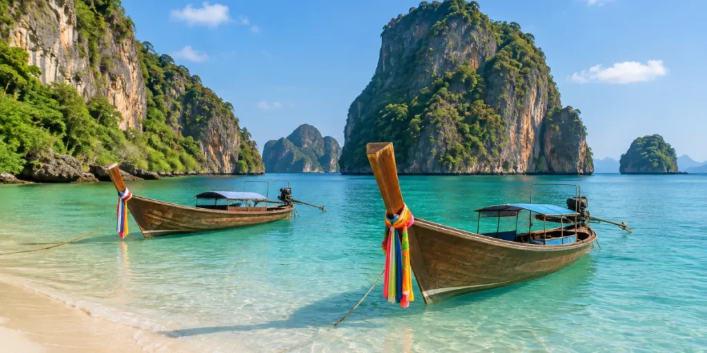 Två longtailbåtar i turkost vatten vid en vit sandstrand med kalkstensklippor på Thailands västkust en solig dag