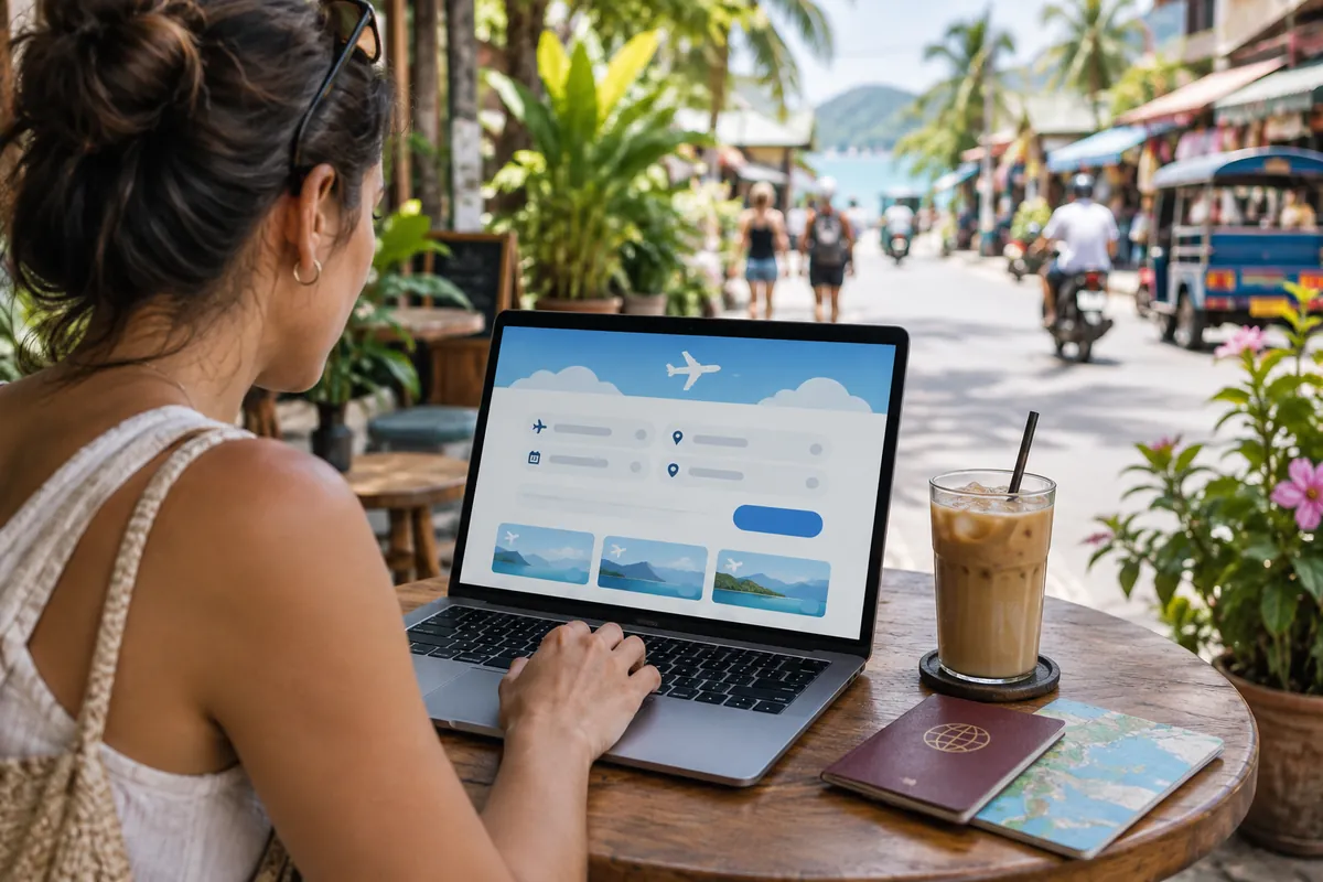 Kvinna bokar en flygresa på sin bärbara dator vid ett kafébord i Thailand med pass och iskaffe bredvid datorn