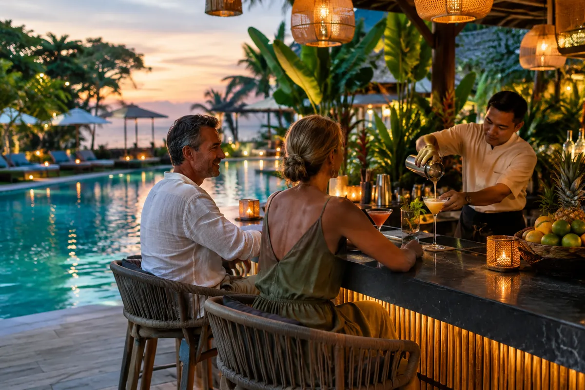 Europeiskt par vid en bar intill en upplyst pool på ett hotell i Thailand medan bartendern blandar drinkar i skymningen