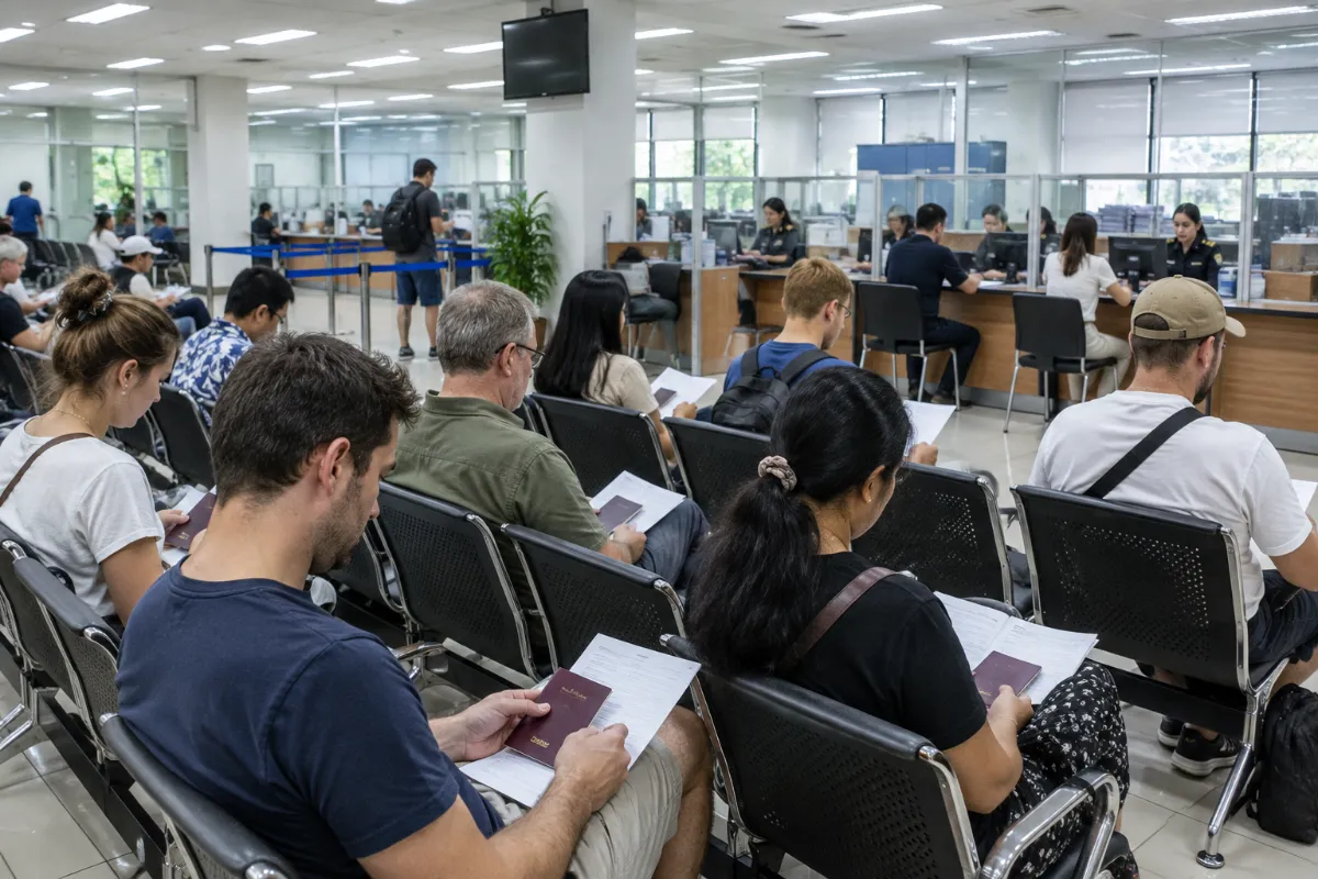 Väntande besökare med blanketter på ett immigrationskontor i Thailand