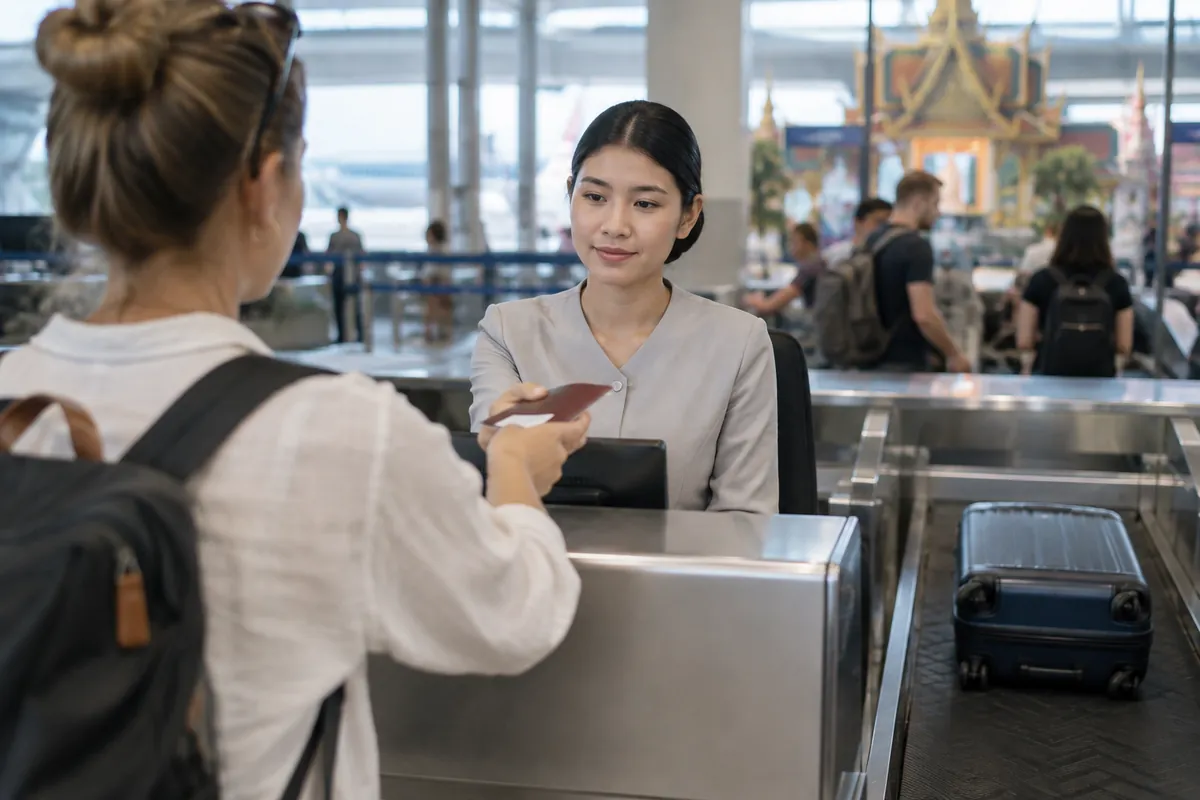 Resenär räcker över sitt pass vid en incheckningsdisk på en flygplats i Thailand medan en resväska ligger på bagagebandet