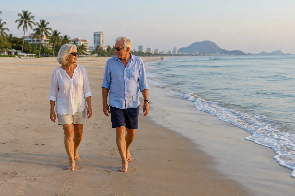 Pensionerat par promenerar på en lång sandstrand i Thailand en morgon under torrperioden