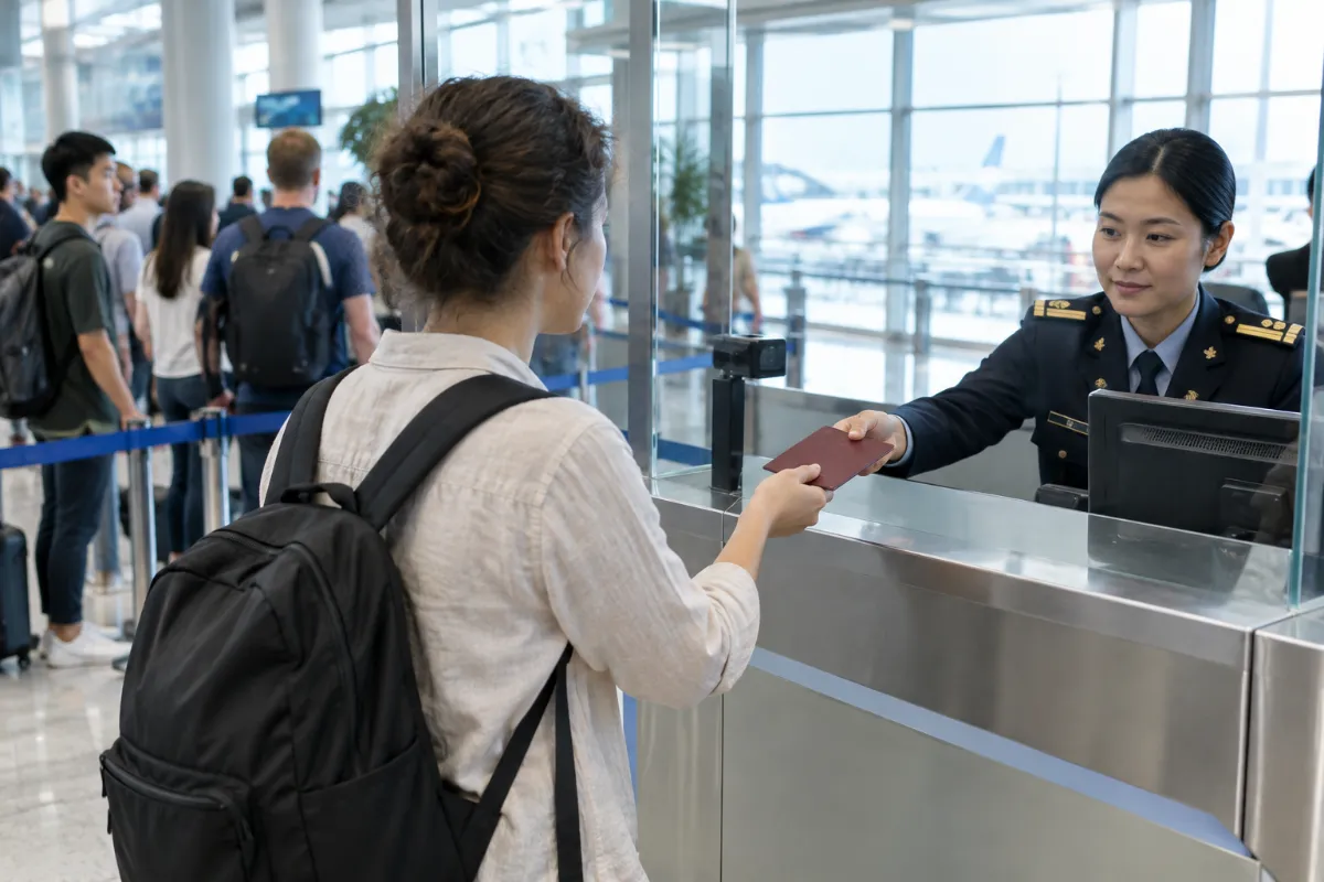 Resenär räcker fram sitt pass vid en disk för passkontroll på en flygplats i Thailand