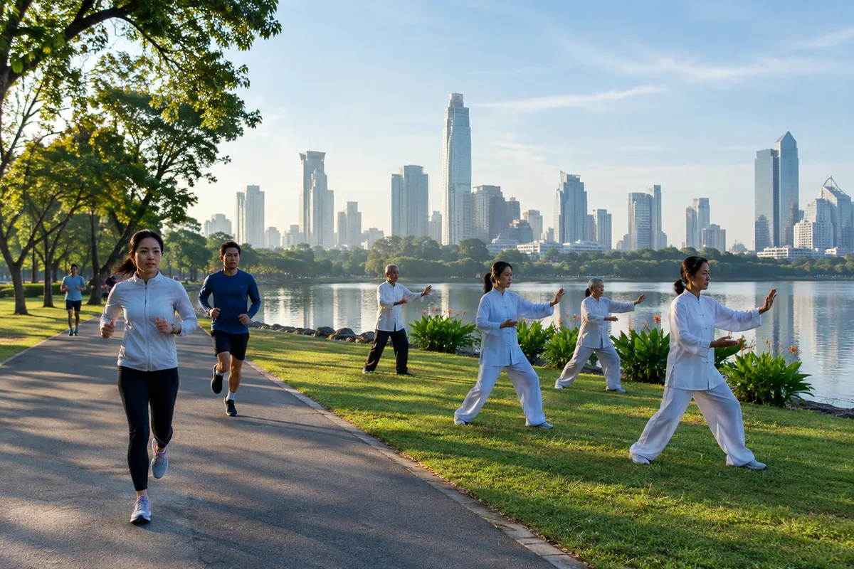 Joggare och personer som tränar tai chi i en park vid en sjö i Bangkok en sval och klar morgon med skyskrapor i bakgrunden